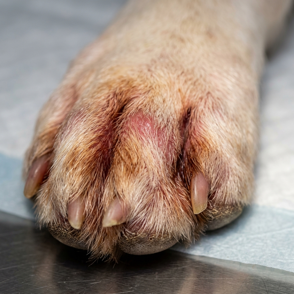 Dog paw showing redness and saliva staining