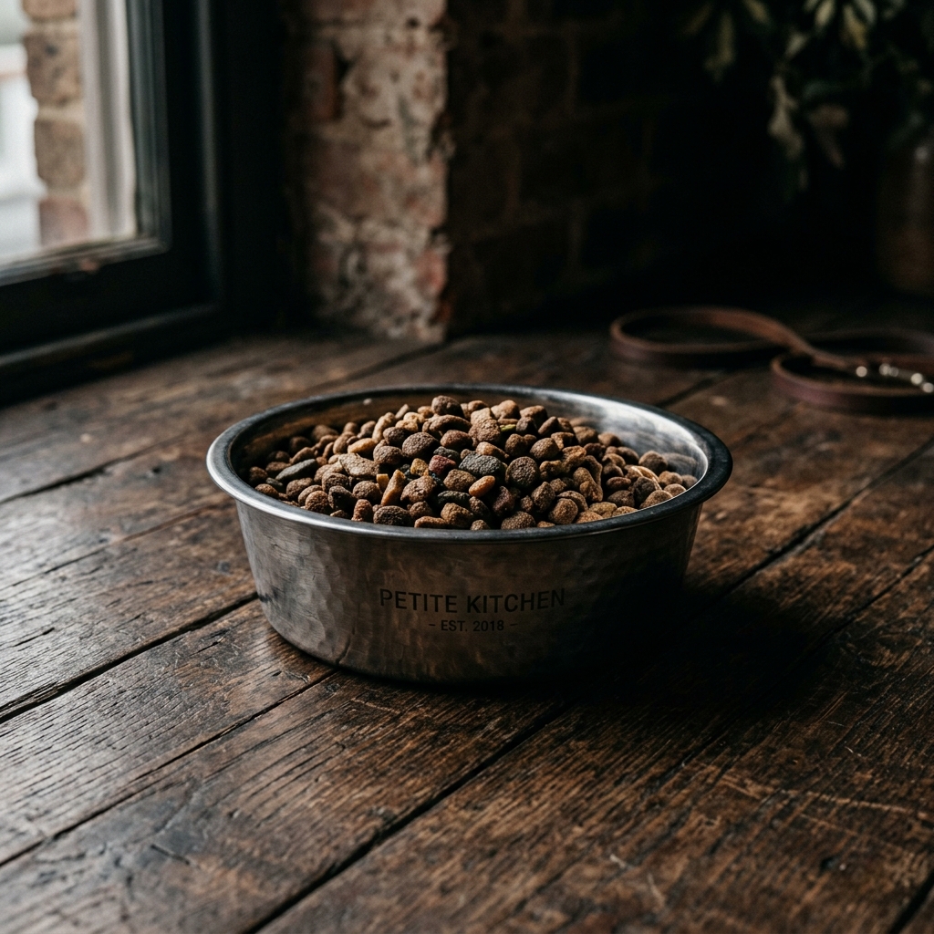 A bowl of dry dog food