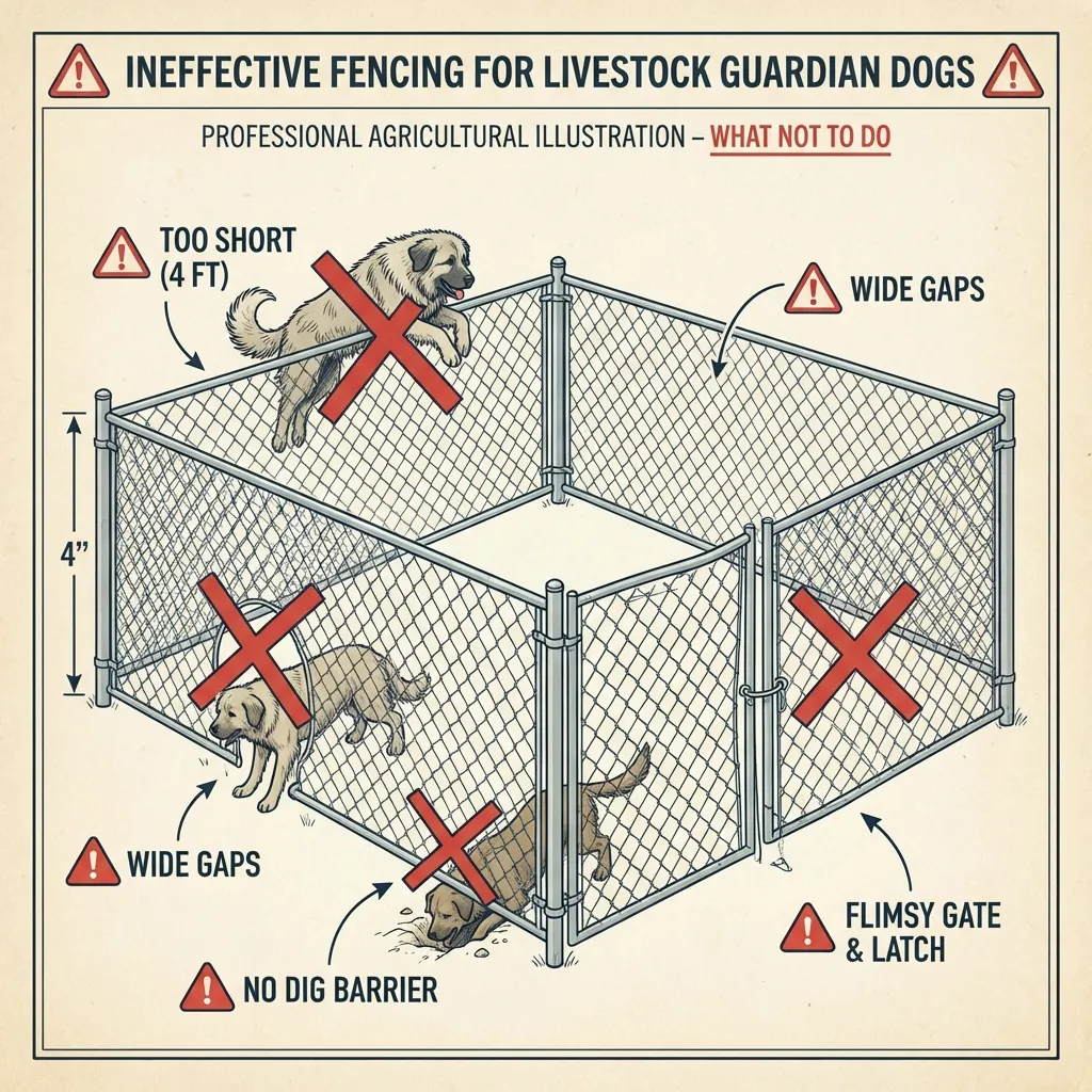 Diagram showing ineffective fencing that fails for LGDs: too short, wide gaps, no dig barrier