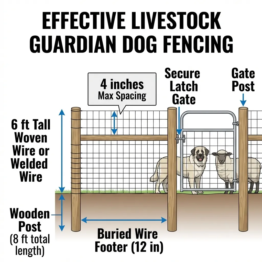 Diagram showing effective LGD fencing with 6-foot height, proper spacing, and buried wire footer