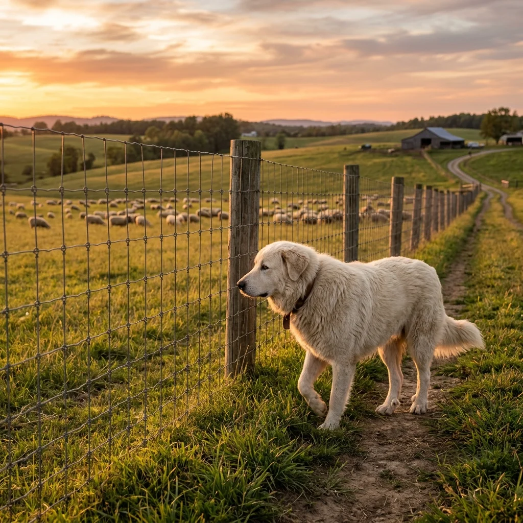 Livestock Guardian Dog patrolling a sturdy fence line at sunset