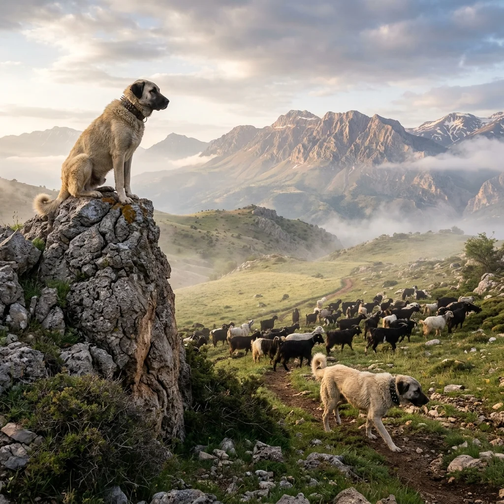 Two large Livestock Guardian Dogs working as a team in a mountain landscape
