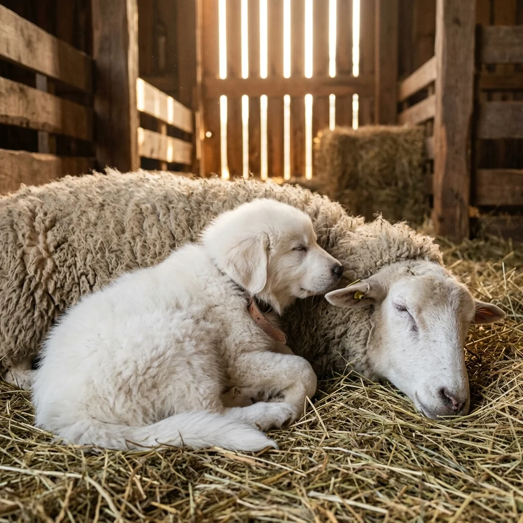 LGD puppy sleeping peacefully next to a sheep in a barn