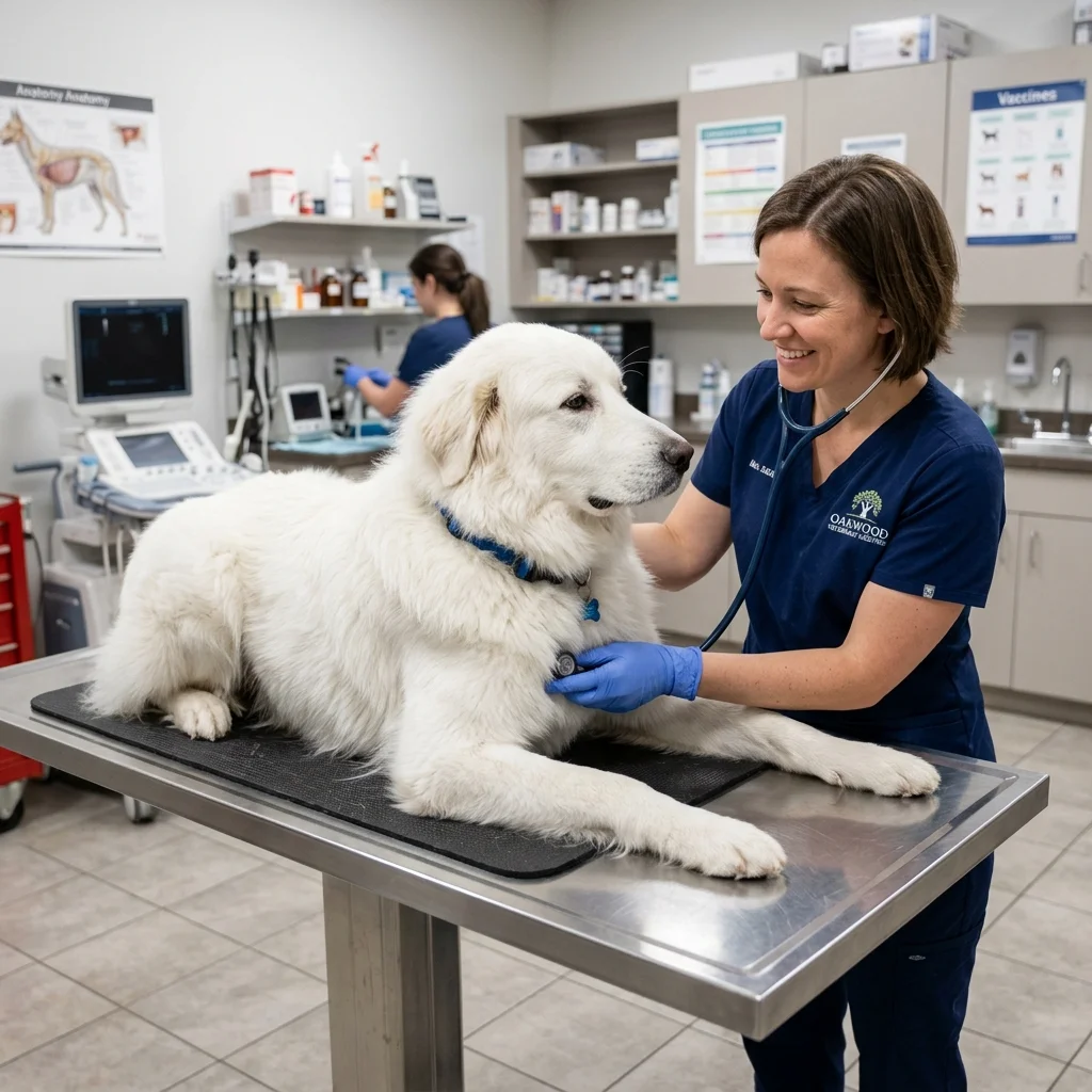 Large Livestock Guardian Dog on a veterinary examination table