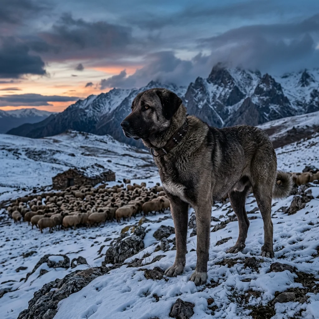 Large Livestock Guardian Dog guarding a flock of sheep in snowy mountains at dusk
