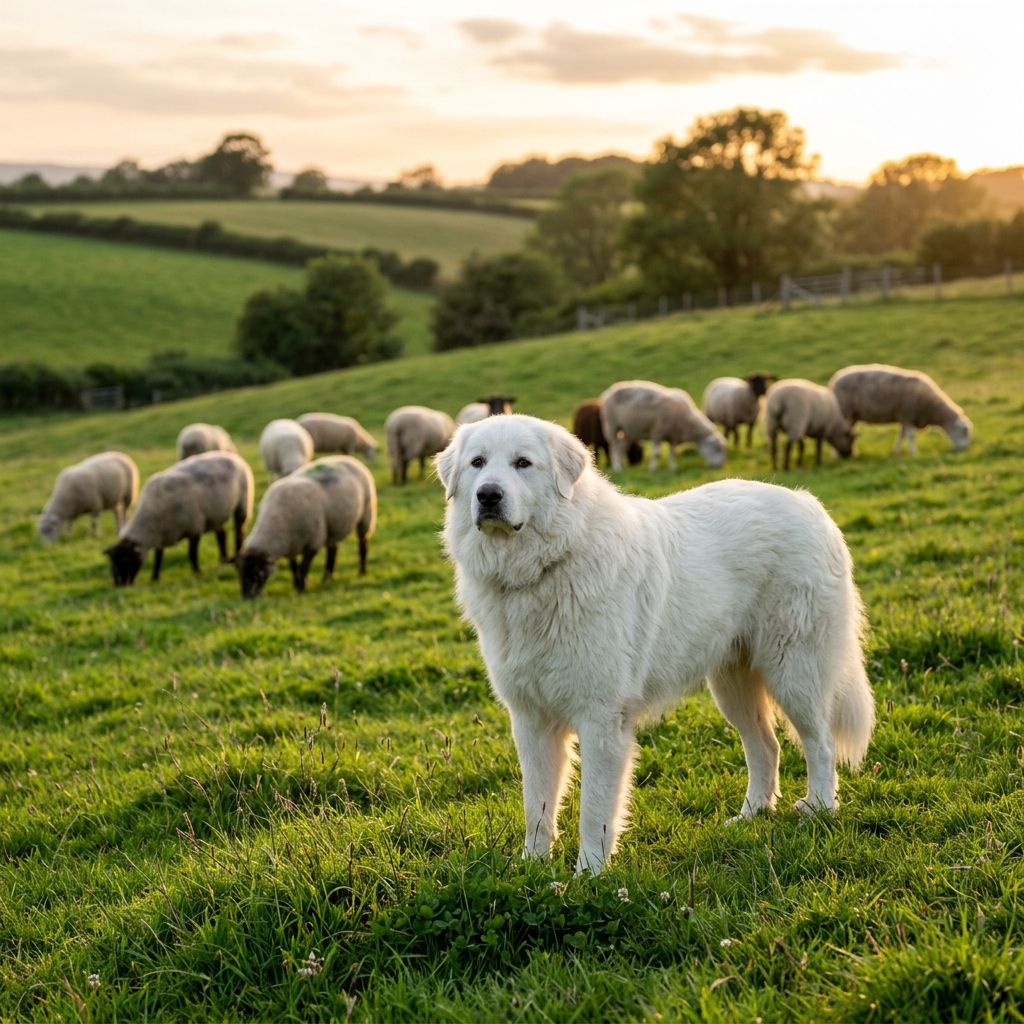 A livestock guardian dog standing watch over a flock of sheep at golden hour