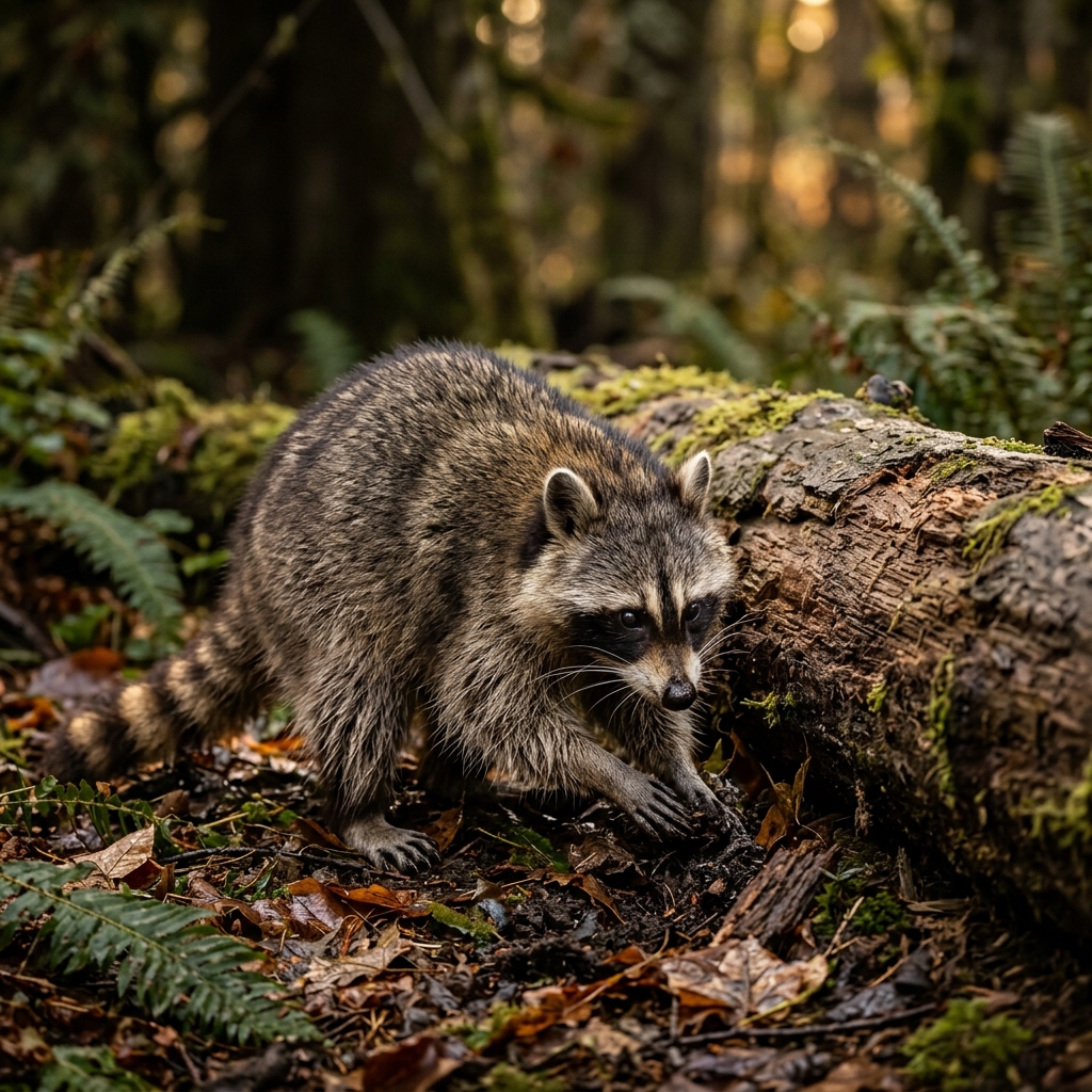 Raccoon foraging near a log