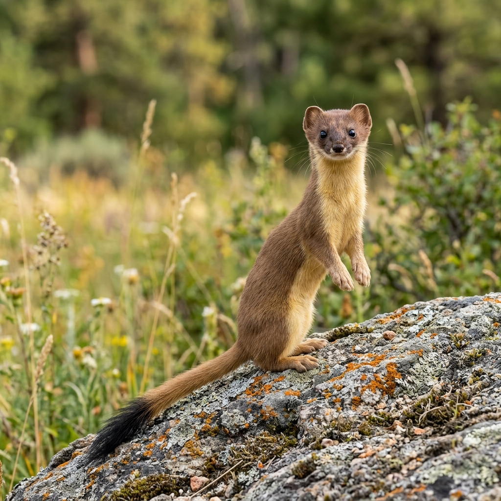 Long-tailed weasel alert on a rock
